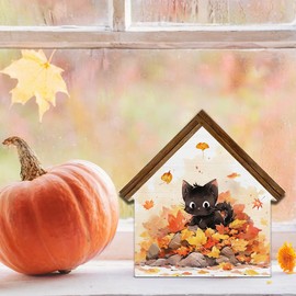 CIANMGD Cute Fall Decor, Black Cat Maple Leaves House Shaped Wood Block Sign, Fall Cat Decor, Autumn Home Farmhouse Decorations for Desk Table Shelf