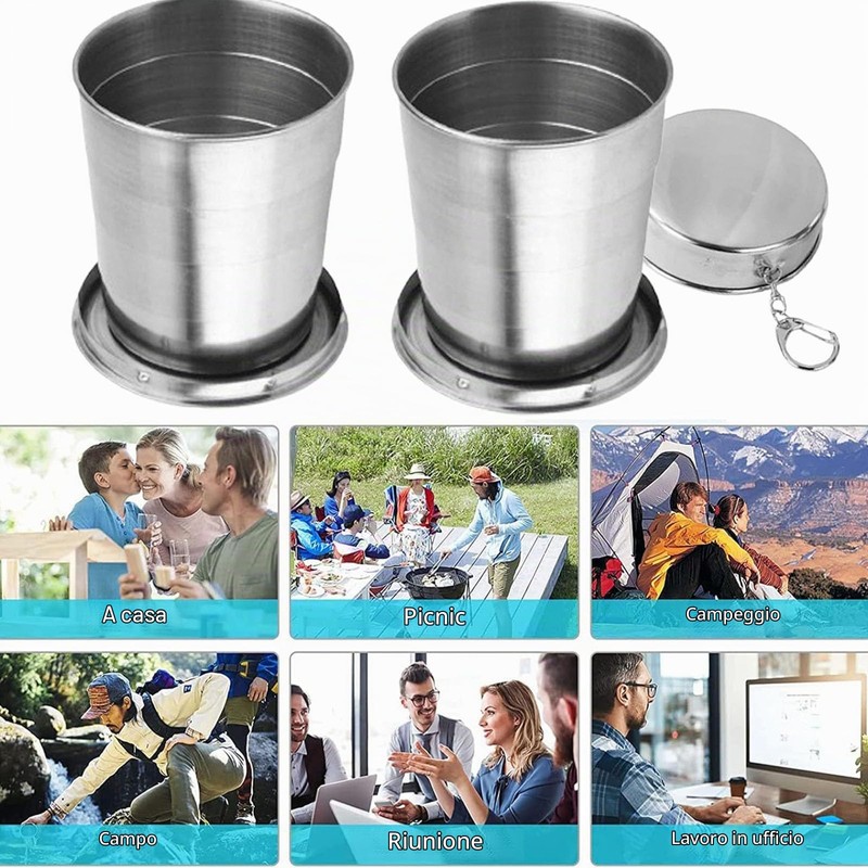 2 Pezzi Tazza Pieghevole in Acciaio Inox, Bicchiere Telescopico, Posate