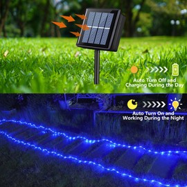 QITONG Blue Solar Christmas Lights Outdoor Waterproof, 2 Pack Each 33ft 100LED Rope Light, Fairy Lights in Clear Thin Tube with 8 Modes