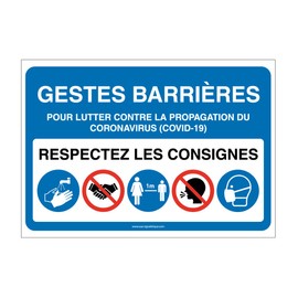 AUA SIGNALETIQUE - Panneau Signalisation : Gestes Barrières et Consignes à Respecter pour l'Accès à l'Etablissement -Bleu - 210x150 mm, PVC 1.5mm