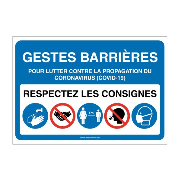 AUA SIGNALETIQUE - Panneau Signalisation : Gestes Barrières et Consignes à Respecter pour l'Accès à l'Etablissement -Bleu - 210x150 mm, PVC 1.5mm