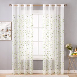 Miulee Sheer Voile Curtains, Floral Embroidery with Eyelets, Transparent