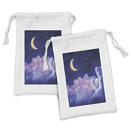 Ambesonne Moon Fabric Pouch Set of 2, Cloudy Sky Illustration of the Moon and Stars in the Night Cosmic Universe Print, Small Drawstring Bag for Toiletries Masks and Favors, 9" x 6", Yellow Purple