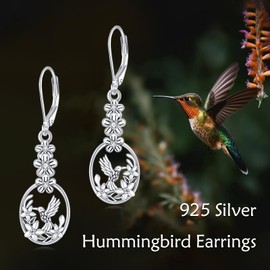 SDOPIR Hummingbird Leverback Earrings for Women Sterling Silver Boho Hummingbird Dangle Earrings Sterling Silver Memorial Cute Bird Flower Jewelry Christmas Day Gifts