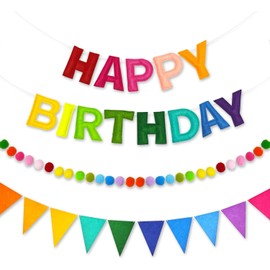 3D Happy Birthday Banner for Boys and Girls, Set of 3, Felt Garland, Pom Pom Garland, Triangle Flag, Reusable Birthday Decorations Birthday HAPPY BIRTHDAY (Rainbow)