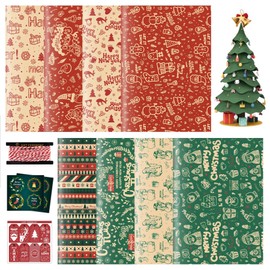 Toptime Christmas Wrapping Paper, 8 Sheets Gift Wrapping Paper w/Gift Tags Gift Ribbon Stickers, Vintage Xmas Wrapping Paper w/Snowman Santa Claus, Kraft Paper Gift Wrap for New Year, Party, 70x50cm