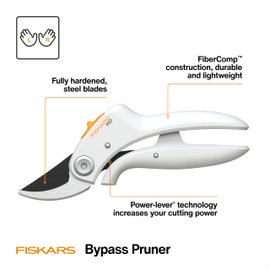 Fiskars Bypass Pruner with PowerLever, Lightweight Garden Shears, White