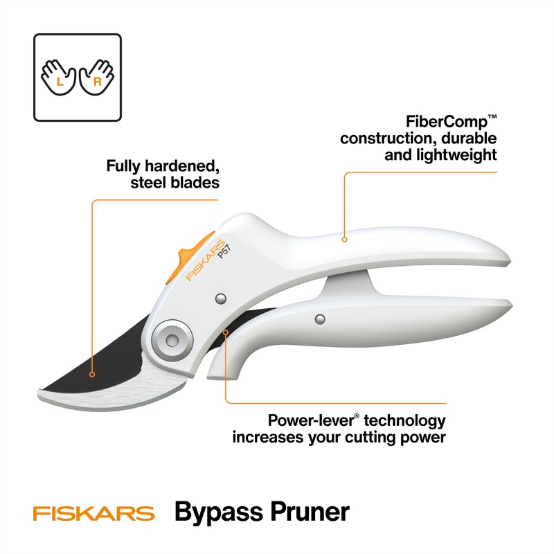Fiskars Bypass Pruner with PowerLever, Lightweight Garden Shears, White