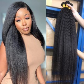Color 1B Yaki Straight Human Hair Bundles #1B Kinky Straight Human Hair Bundles Double Weft Brazilian Remy Hair Yaki Straight Bundles Soft and Silky for Black Women (16 18 20,3 Bundles)