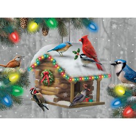 Bits and Pieces - 1000 Piece Jigsaw Puzzle for Adults 20" x 27" - Festive Feathered Friends - 1000 pc Glow-in-The-Dark Holiday Birdhouse Christmas Pine Tree Lights Jigsaw by Artist Alan Giana