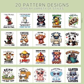 Dtf Shirt Transfers Ready Press - 20 Pcs Funny Animal Iron on Transfers Sarcastic Cat Dog Cow Love Pandas Patterns Heat Transfer Vinyl Stickers Decals for Clothes Patches Bag Pillow DIY Decor