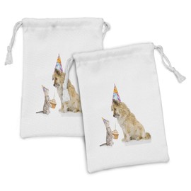 Ambesonne Birthday Fabric Pouch Set of 2, Cat and Dog Domestic Animals Human Best Friend Party with Cupcake and Candle, Small Drawstring Bag for Toiletries Masks and Favors, 9" x 6", Multicolor