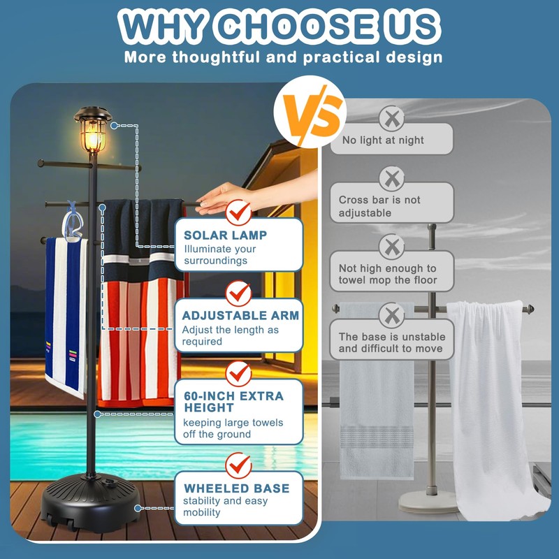 Solar Light Pool Towel Rack with Wheels – 63" Tall