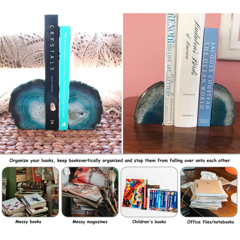 AMOYSTONE Teal Agate Bookends, Large Decorative Crystal Stone Ends 4-6