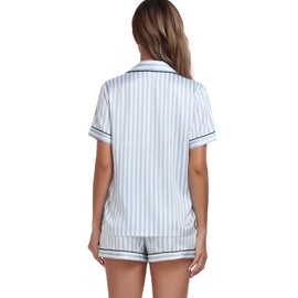 Serenedelicacy Women's Satin Pajama Set 2-Piece Sleepwear Loungewear Button Down Short Sleeve Silky PJ Set (Medium, Blue, Striped)