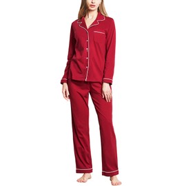 Honypove 100% Cotton Pajama Set for Women Long Sleeve Womens Sleepwear Button Down NightWear Soft Pj Lounge Sets (Wine Red, S)