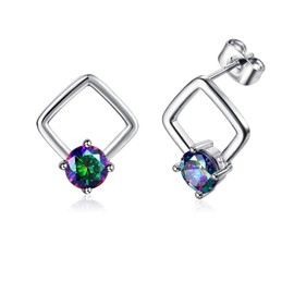 18K White Gold Plated Rainbow Cubic Zirconia Stud Earrings CZ Square Geometry Earring Women Teens Hypoallergenic Jewelry Gift for Her