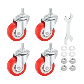 PATIKIL 2 Inch Swivel Caster Wheels Set of 4, M8 x 15mm Ball Bearings Threaded Stem PVC Castors Total Load Capacity 264Lbs with Nuts Gaskets Wrench for Furniture Chairs Trolley, Red