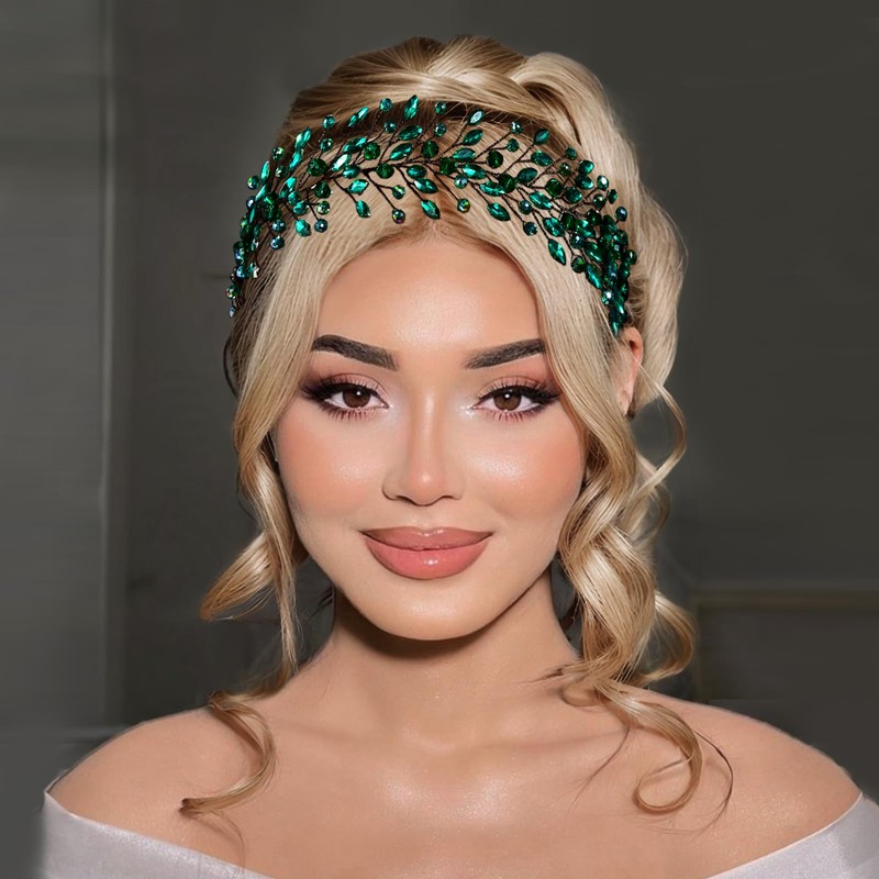 JHOO Bride Wedding Hair Accessories Emerald Rhinestone Headband Elegant Bridal