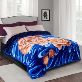 Pure Bedding Fleece King Size Blankets for Bed - Korean Mink Blanket - Soft Plush Cozy Fuzzy Luxury Microfiber, 5 LB, 2 Ply Reversible, 79x95 inches, Navy Peony Rose