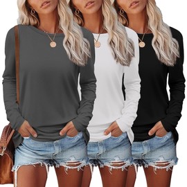 Ekouaer Womens Long Sleeve Tops Loose Fit Basic Shirts Crewneck Tshirts Fall Fashion Casual Black/White/Darkgrey XL