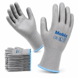 Mobix Backless Gloves, 10 Pairs, PU Coating, Lightweight, 0.9 oz (25 g), Breathable, Fit, Light Work, Gray, S, M, L, (M)