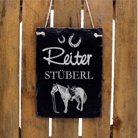 Reiter Stüberl Reiterstüberl Sign Slate Engraved Door Decoration Door Sign Riding Stable Horseshoe Horses 16 x 22 cm