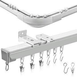 Juexica 3ft-16.4ft / 5 Meter Curtain Track Set with 90 Degree Corner Bends, Ceiling or Wall Mount, Aluminum Heavy Duty Ceiling Mount Adjustable Length Curtain Rails with Rods Clips Hooks (White)