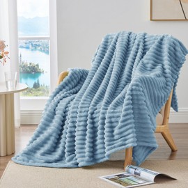 BEDELITE Fleece Throw Blanket for Couch - 300GSM Soft & Warm Fluffy Light Blue Blanket, Decorative and Giftable Striped Blankets for Women, Men, 50"x60"
