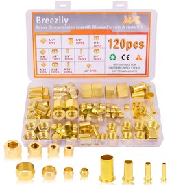 Breezliy Brass Compression Sleeve Ferrule, Insert and nuts 120pcs 4 Sizes(1/4", 3/8", 5/16", 1/2") Compression Fittings Assortment kit used to connect lines for air,water,fuel,oil and inert gases