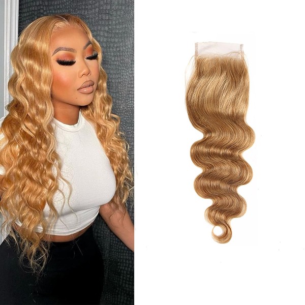 Volvetwig Brazilian Hair Ombre Colour #27 Quality Swiss Lace 4x4 Ombre Extension Real Hair Human Hair Frontal Closure Short Bleached Knots Cheap Body Wave 14 Inches / 35.5 cm