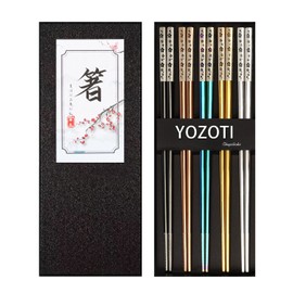YOZOTI Stainless Steel Chopsticks, Reusable Chopsticks, 5 Pairs Dishwasher Safe Metal Chopsticks, Easy to Use, Square Lightweight Chop Sticks, Gift Set (Multicolor)
