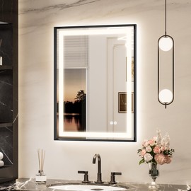 Keonjinn 24 x 32 Inch Black LED Bathroom Mirror with Frontlit & Backlit, Lighted Bathroom Mirrors Wall Mounted, Tempered Glass, Aluminium Alloy Beveled Frame, 3000K/4500K/6000K, Dimmable, Defogging