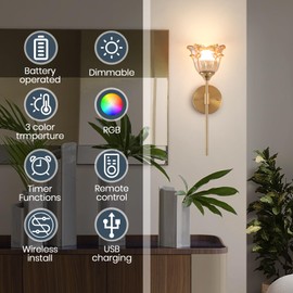 Rnzziw Battery Operated Wall Sconce Set of 2, Mid Century Vanity E26 Wall Light with Rechargeable LED Light Bulbs, 12 Colors Wireless Wall Lamps for Bedroom Living Room Hallway