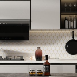 Soulscrafts Hexagon Peel and Stick Backsplash Tile for Kitchen Bathroom Wall, White Marble Stone Look PVC with Gold Metal Self-Adhesive Mosaic Tiles (5 Sheets)