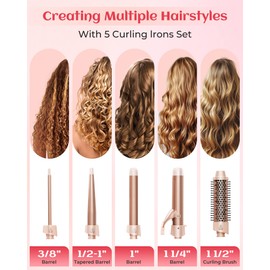 ANIEKIN 5 in 1 Curling Iron Set, Fast Heat Up Curling Wand from 3/8 to 1 1/4 Inch and a Thermal Brush Come with, Dual Voltage Hair Curler for Women All Hair Types and Travel Use, Gifts for Women,Pink