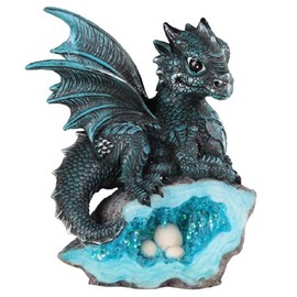 ICE ARMOR 5" H Blue Baby Dragon with Faux Faux Crystal Egg Nest Statue Figurine - Exquisitely Detailed Mythical Dragon Figurine Sculpture, Hand Painted Collectible Statue for Fantasy Enthusiasts