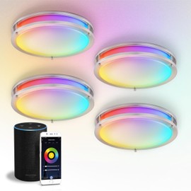 ASD LED 14" Round Flush Mount Lighting, Close to Ceiling Light Fixture | Smart, Multicolor, Dimmable, ETL Listed | 21W 1430LM RGB-2700-6500K 120V | Low Profile Double Ring Lamp | Nickel, 4 Pack