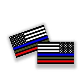 2 pack 1 Reversed Police Military and Fire Thin Line USA Flag Decal American Flag Sticker Blue Green and Red for cars trucks for honor and support our officers and troops 5 x 3 inch