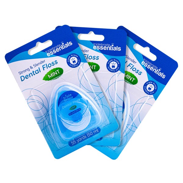 Triple Bristle Dental Floss | Anti Plaque Polytetrafluorethylene Floss (PTFE) | Gentle Easy Glide Satinfloss | Pro-glide Ultra Clear Strong & Slender | Mint Flavored | 55 yards (50m) per pack | 3 pack