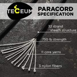 TECEUM Paracord Type IV 750 lb Black 016 – 100 ft – 4mm – Nylon Strong Tactical MIL–SPEC Parachute Cord – Survival Rope Emergency para Cord 11 Strands Core EDC Camping Hiking Military Gear 016a