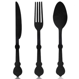 3 Pcs Large Knife Fork Spoon Wall Decor 15.7" Rustic Wooden Big Kitchen Utensils Wall Sign Decorative Wood Hanging Sign Farmhouse Wall Mounted Plaque for Home Dining Room Restaurant(Black)