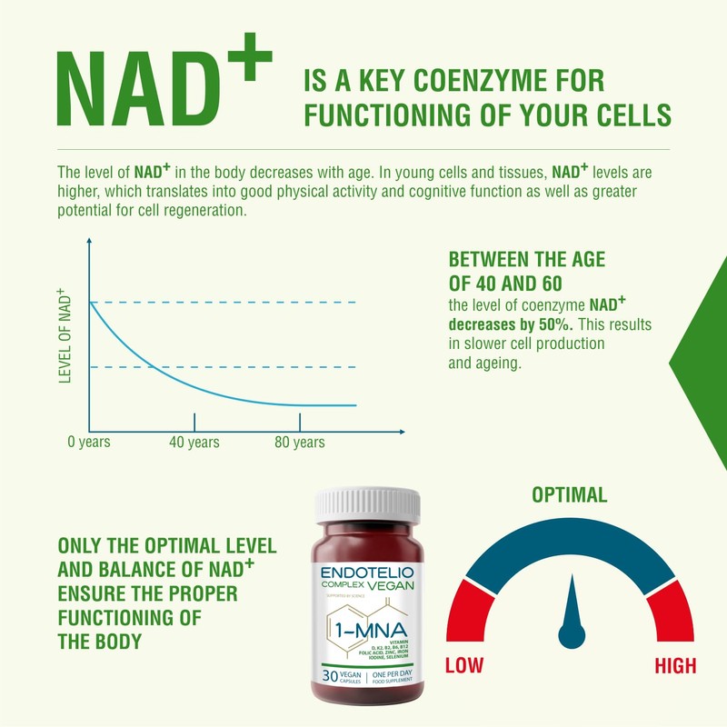 Endotelio 1-MNA Vegan Complex, Anti Ageing Optimising NAD+, Vitamins and