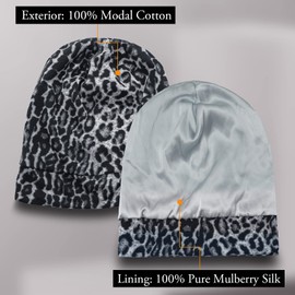 OLESILK Silk & Cotton Jersey Hat Lightweight and Soft Slouch Beanie Reversible Hat Knitted Hat Unisex Adjustable for Men and Women, Leopard 01
