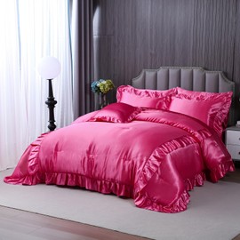 Herside Satin Comforter Set with Sheet Set King Size,8 Pieces Hot Pink Ruffle Comforter Silk Like Satin Bedding Set,Soft Smooth Luxury Silky Quilt Set with 1 Cushion Cover All Season