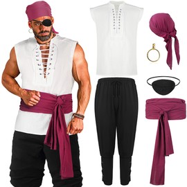 Boyiee 6 Pcs Mens Pirate Costume Medieval Renaissance Viking Shirt Ankle Banded Pants Pirate Accessories for Carnival Outfit(Medium)