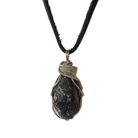 Valor 835 Raw Men’s Apache Tears Obsidian Necklace in Tin Plated Copper with Black Leather