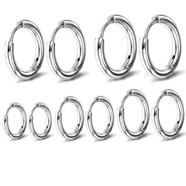 JEYORZY 5 Pairs Stainless Steel Hoop Earrings for Men and Women - Silver-Coloured Earrings in Sizes from 8 - 16 mm - Hoop Earrings for Men and Women