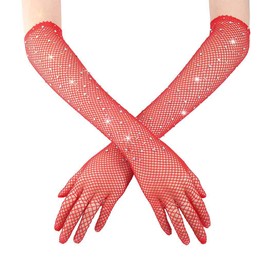 Aularso Women's Rhinestone Mesh Glove Long Fishnet Gloves Sparkle Giltter Gloves Elbow Stretchy Glove for Costume Accessories (Red)