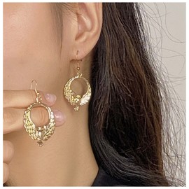 Cimenexe Bohemian Raised Circle Drop Earrings Gold Hollow Circle Earrings Textured Dove Bird Dangle Earrings Peace Dove Hook Earrings Jewellery for Women and Girls